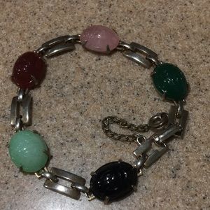 Vintage 1960 Egytian Revival Style  GLASS Scarab Bracelet!  Safety Chain